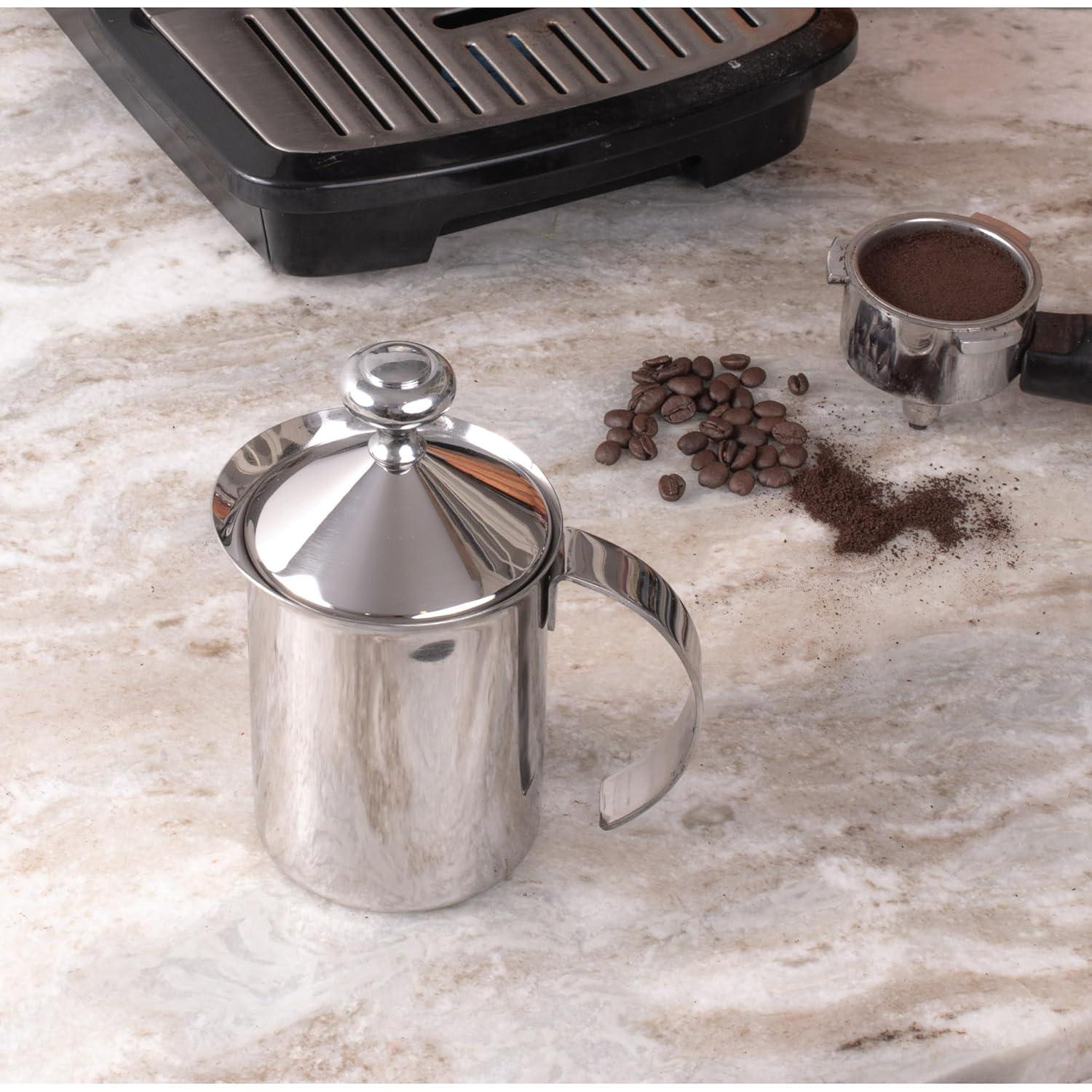 Fino Milk Creamer Frother Cappuccino Foam Pitcher with Handle and Lid, 18/8 Stainless Steel, 14-Ounce Capacity