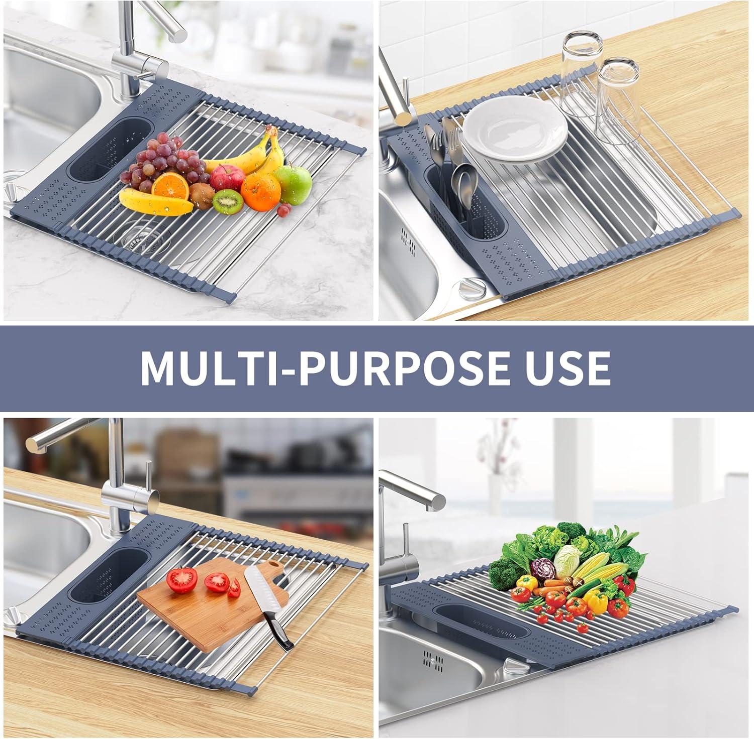 THE GLAMOUR BOUTIQUES Roll Up Dish Drying Rack 17.5" X 15.2" Over The Sink Dish Drying Rack, Multi-Purpose Kitchen Rolling Dish Drainer Foldable SUS 304 Stainless Steel Dish Drying Rack