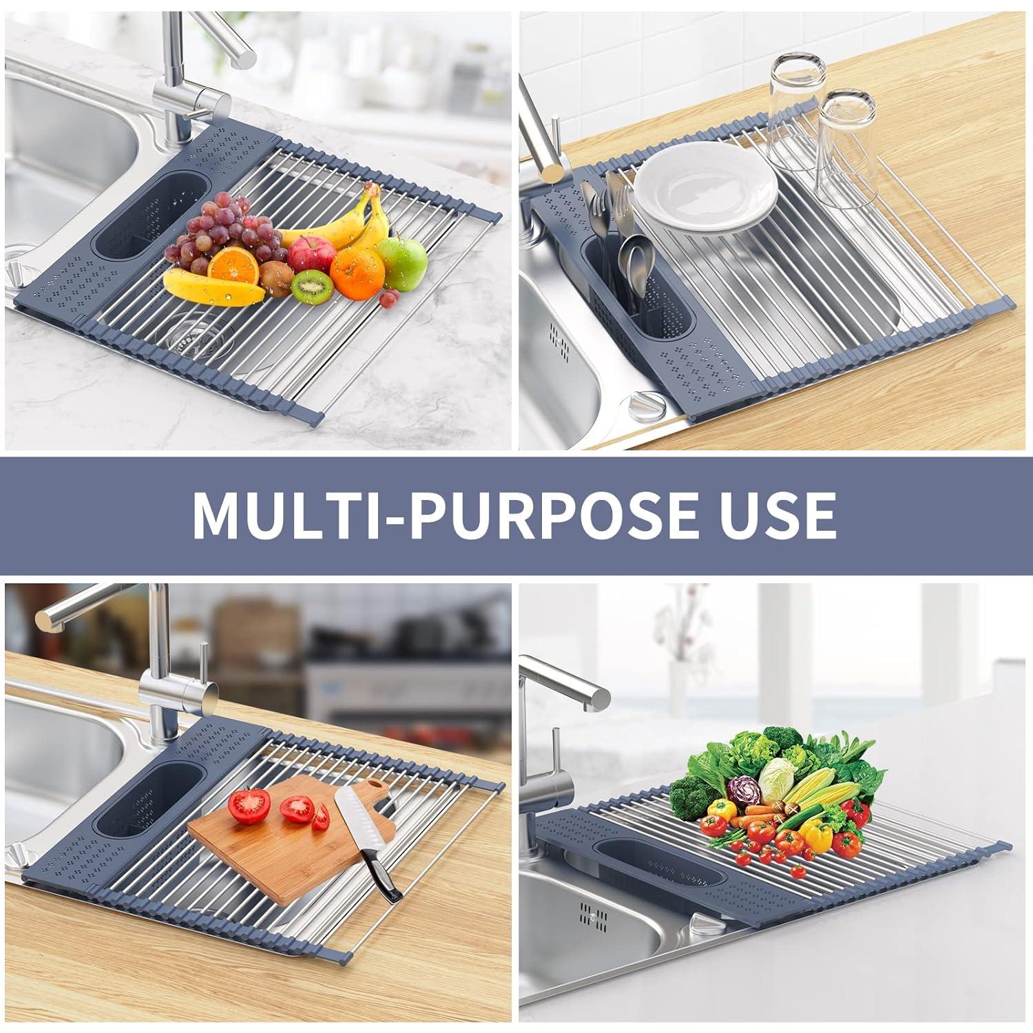 THE GLAMOUR BOUTIQUES Roll Up Dish Drying Rack 17.5" X 15.2" Over The Sink Dish Drying Rack, Multi-Purpose Kitchen Rolling Dish Drainer Foldable SUS 304 Stainless Steel Dish Drying Rack