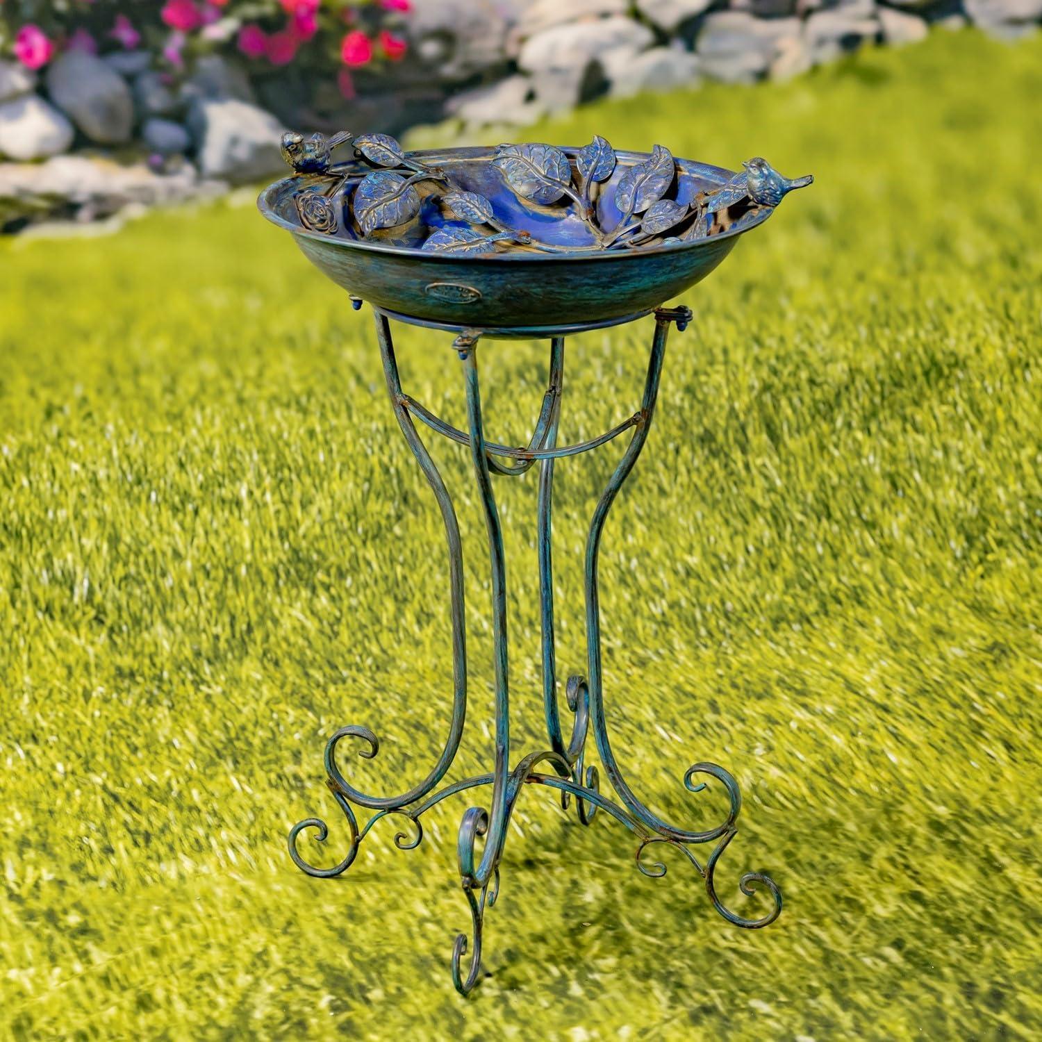 Zaer Ltd. Antique Blue Deep Round Metal Birdbath with Rose and Bird Accents