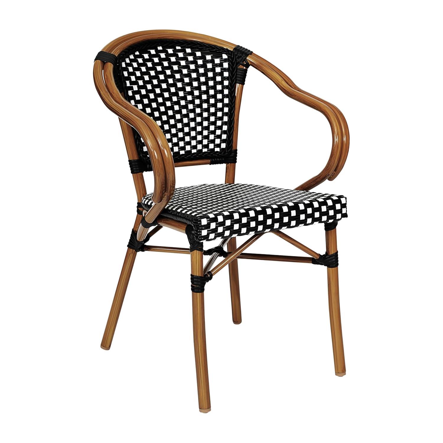 Emma & Oliver Soie Indoor/Outdoor Stacking Thonet Bistro Style Chair with Arms, Black & White PE Rattan Seat and Natural Bamboo Finished Metal Frame