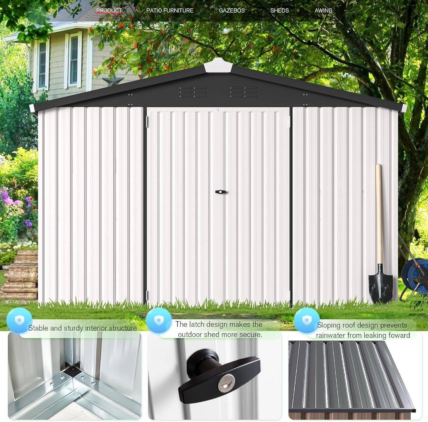 AECOJOY 10' x 14' Outdoor Storage Shed with Lockable Door Patio Metal Garden Storage Building in White for Outside