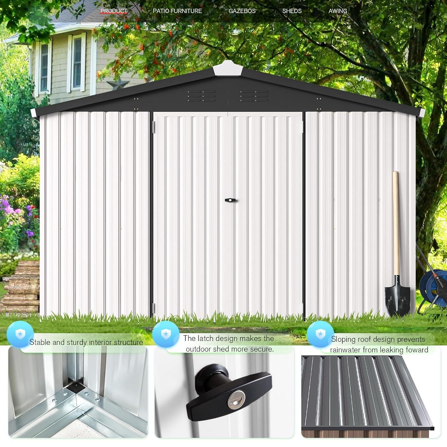 AECOJOY 10' x 14' Outdoor Storage Shed with Lockable Door Patio Metal Garden Storage Building in White for Outside