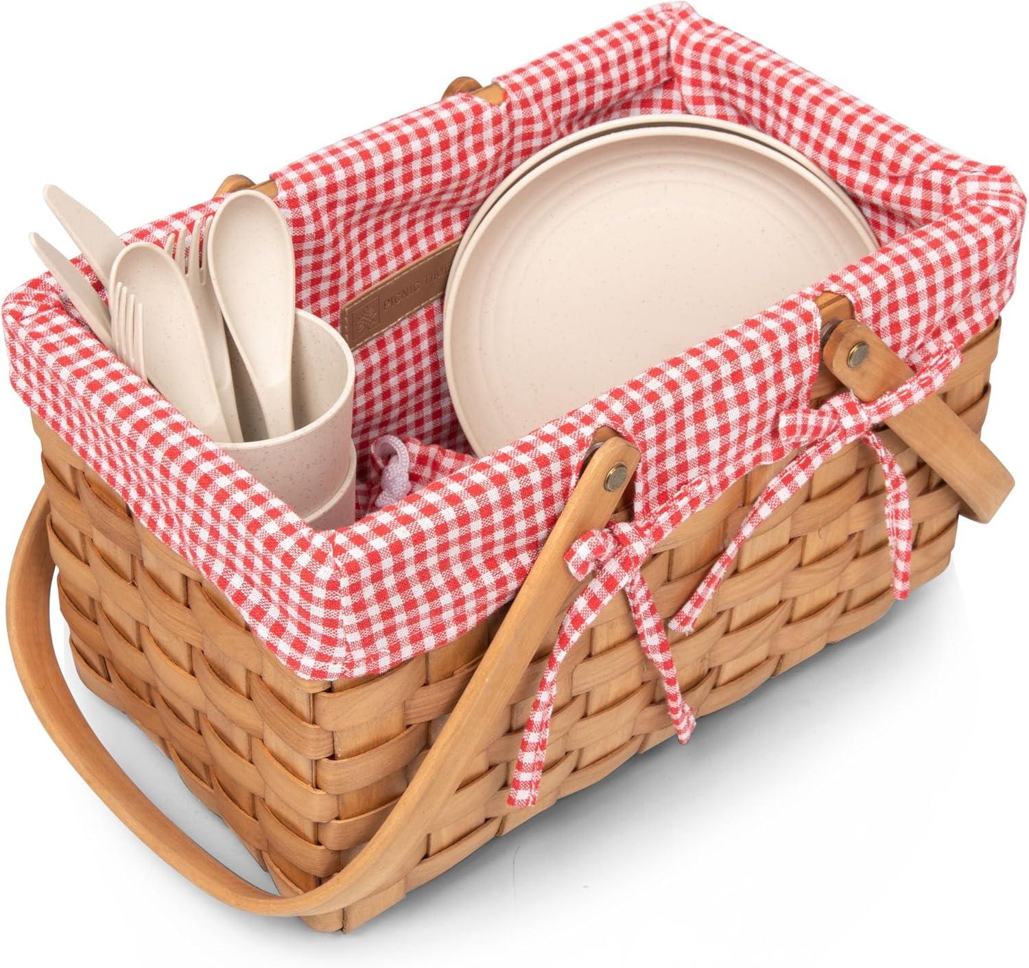 Natural Wicker Picnic Basket with Red Gingham Liner and Bamboo Serveware