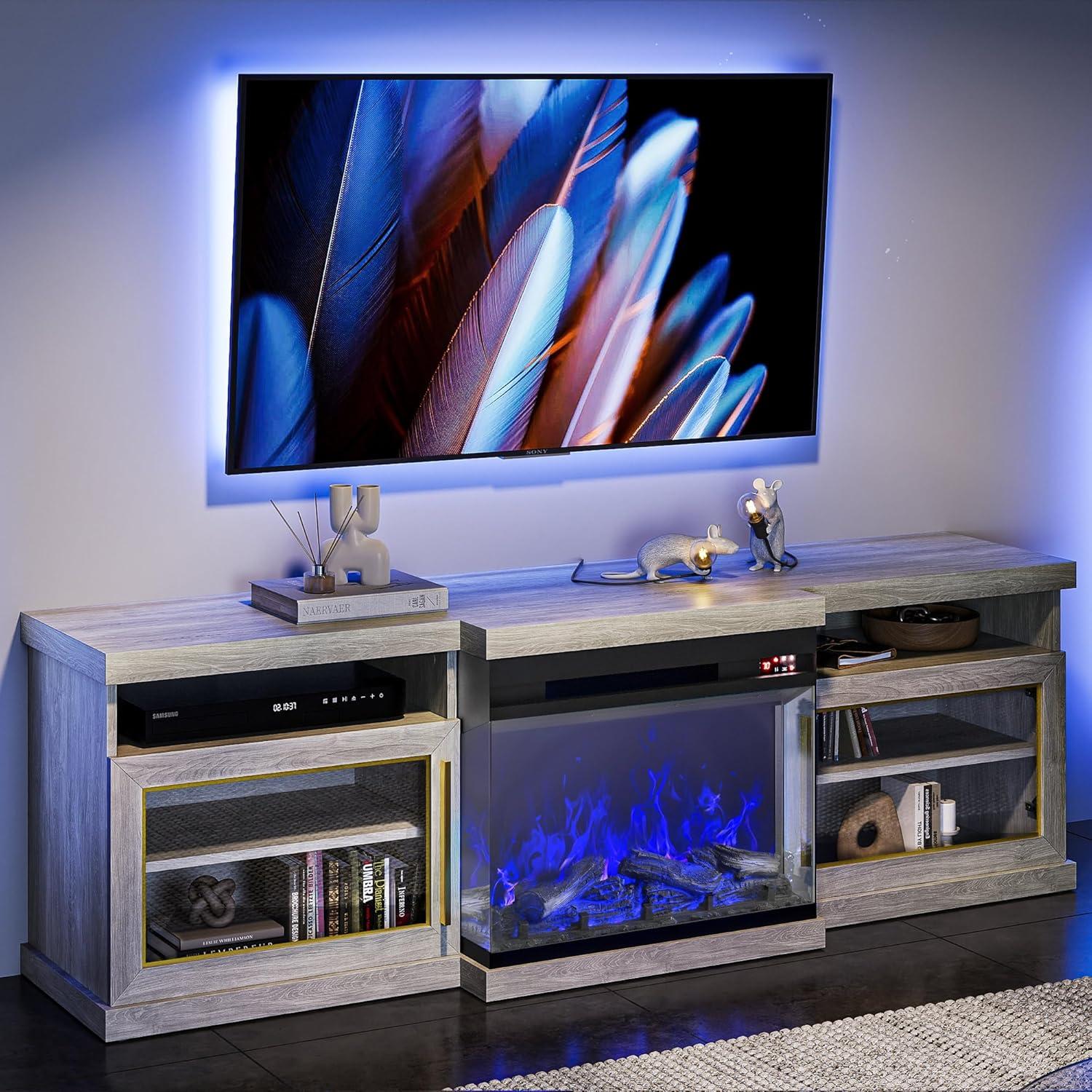 BELLEZE 68" TV Stand with 23" Electric Fireplace, Entertainment Center for TVs Up to 75", Glass Door Storage Cabinet with 3-Side Glass Display Fireplace for Living Room, Bedroom - Bardot (Grey)