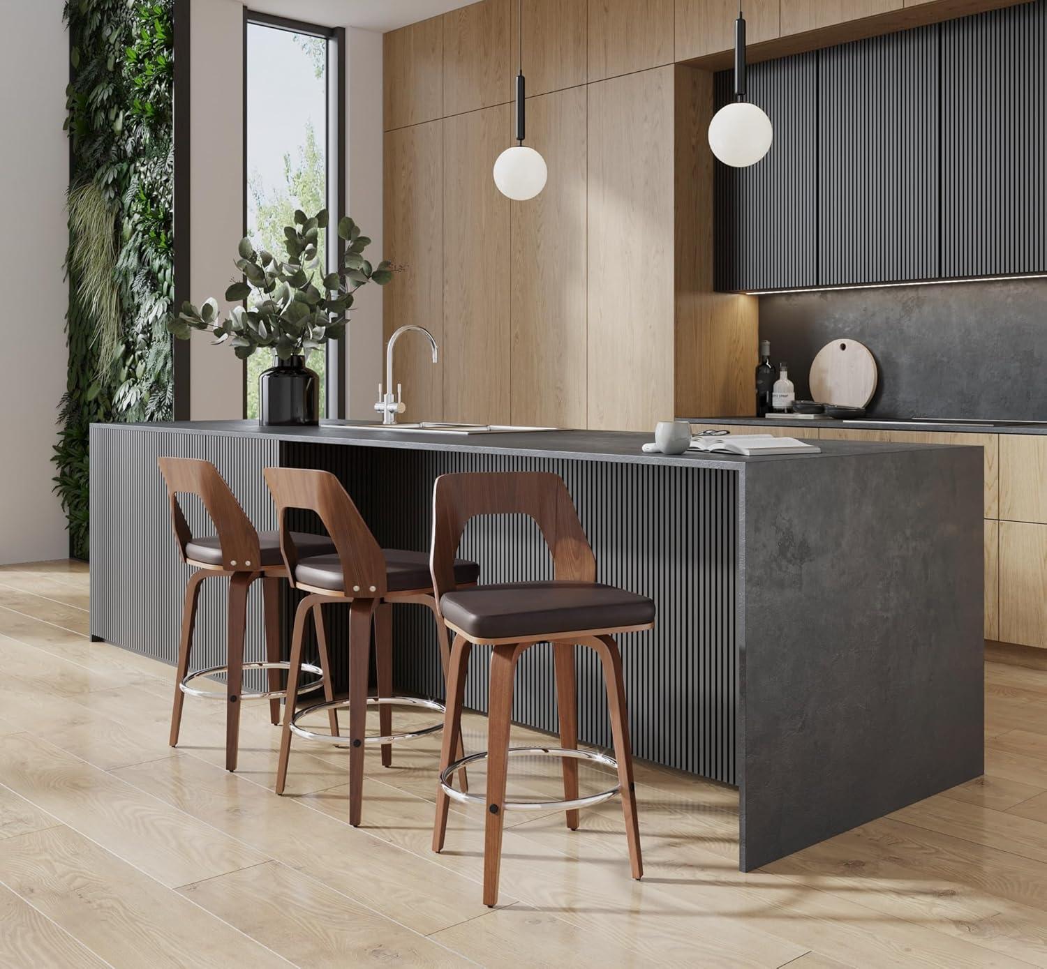 LumiSource Set of 2 Trilogy Upholstered Counter Height Barstools Brown/Walnut: Swivel, Chrome-Plated, Faux Leather