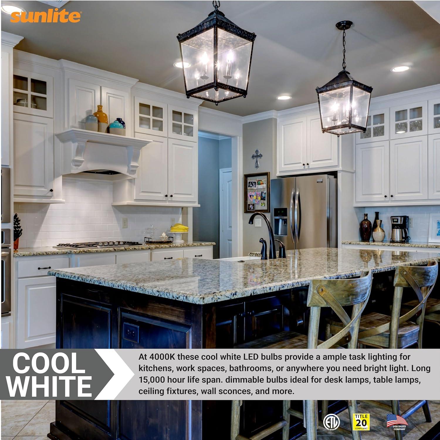 Sunlite LED B13 Decorative Chandelier Light Bulb, 7 Watts (60W=), 500 Lumens, 120 Volts, Dimmable, E26 Base,  90 CRI, ETL Listed, Torpedo Frosted, Title-20, 4000K Cool White, 6 Pack