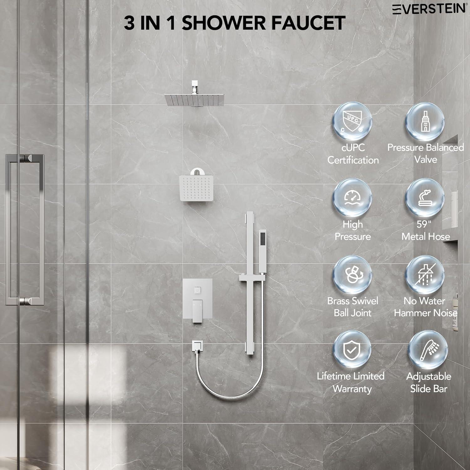 EVERSTEIN DualJetSpa 10-Inch High-Pressure Rainfall Shower Faucet with Handheld Spray, Wall Mount Dual Showerheads System with Slide Bar and Rough-in Valve SFS-1059-CH10
