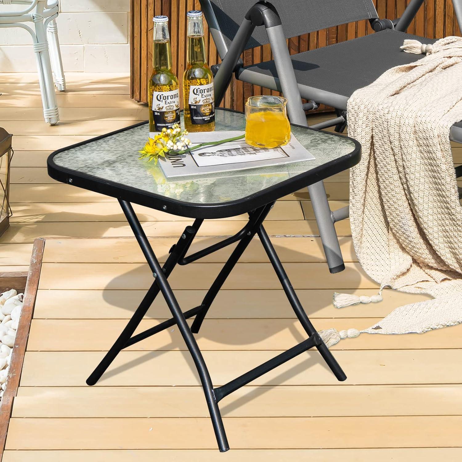 Costway Patio Folding Square Glass Side Table Bistro Coffee Table Plant Stand