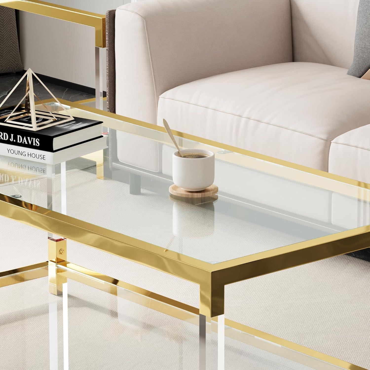 Modern Gold Glass Coffee Table with Acrylic Legs and Storage