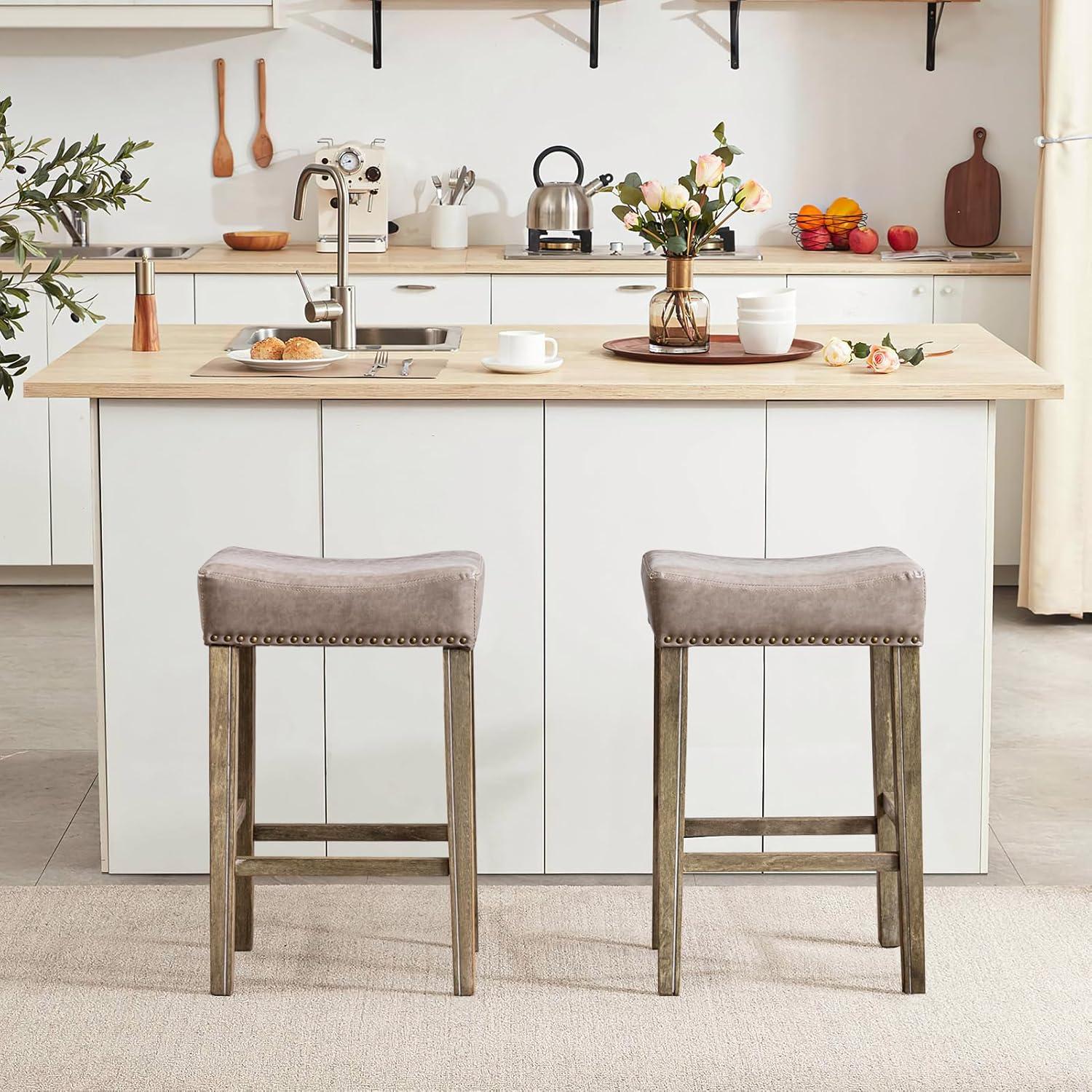 Bar Stools Set of 2, 26" Faux PU Leather Upholstered Counter Height Backless Saddle Stools with Nailhead Trims and Solid Wood Legs Farmhouse Island Chairs for Kitchen Dining Room Pub, Gray