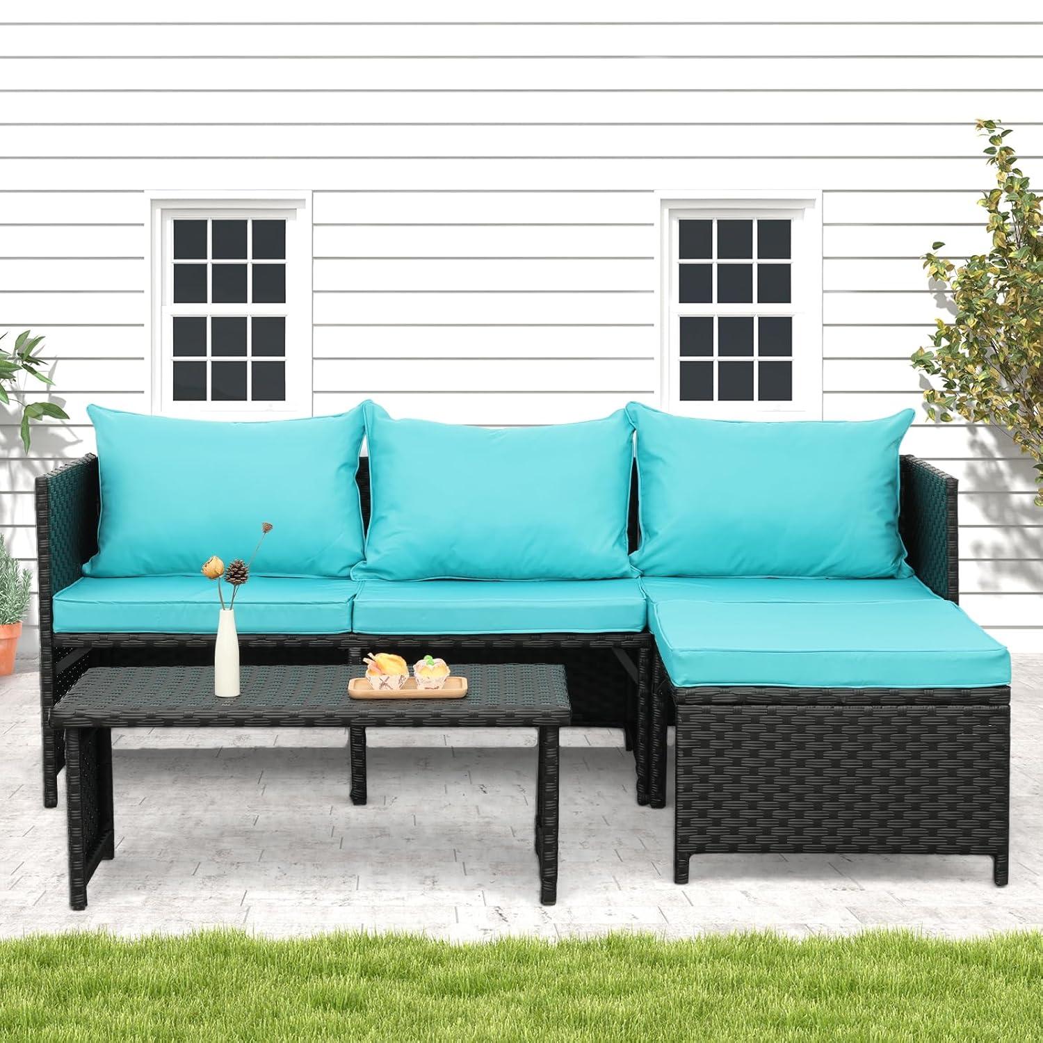 Valita 3-Piece Outdoor PE Rattan Furniture Set Patio Black Wicker Conversation Loveseat Sofa Sectional Couch Turquoise Cushion