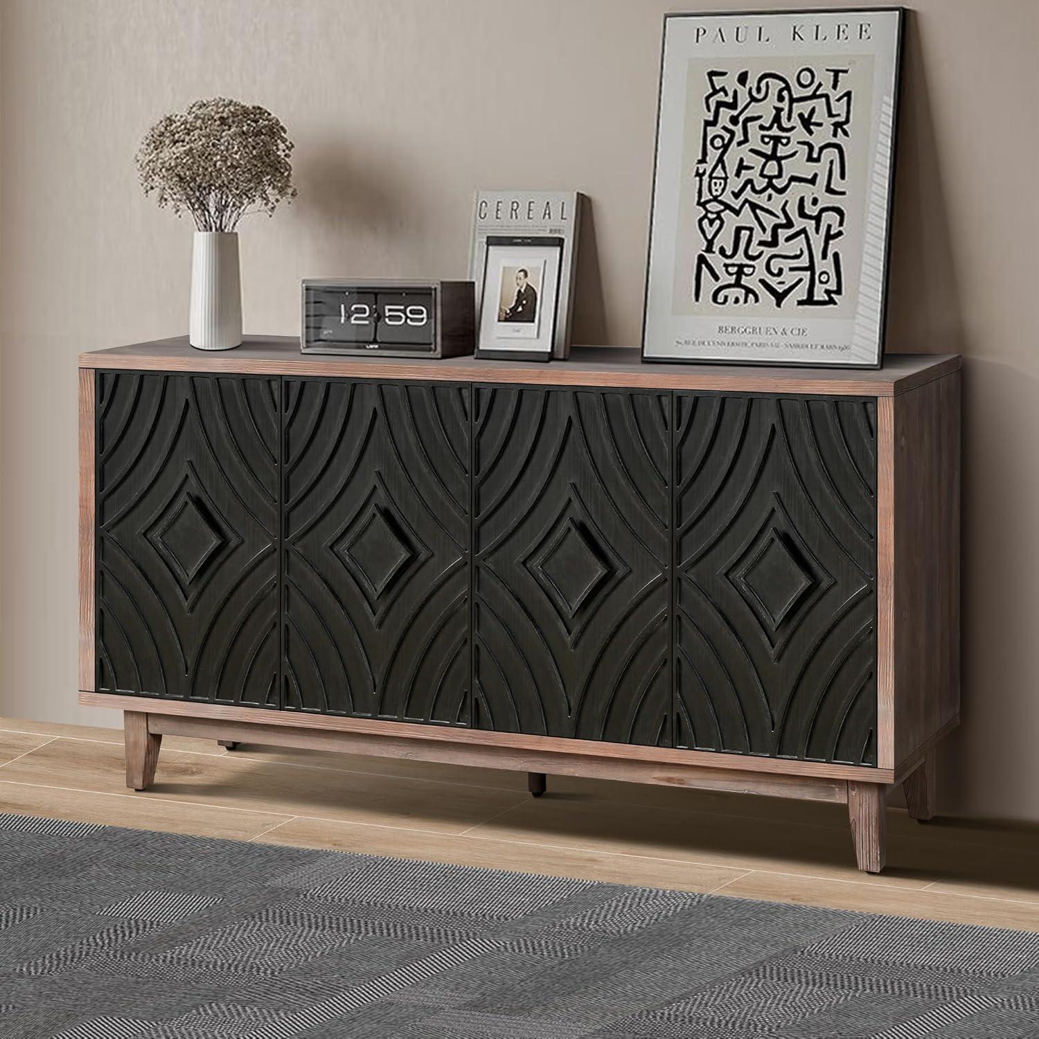 Mid-Century Black and Walnut Sideboard Buffet Cabinet with Diamond Pattern Doors