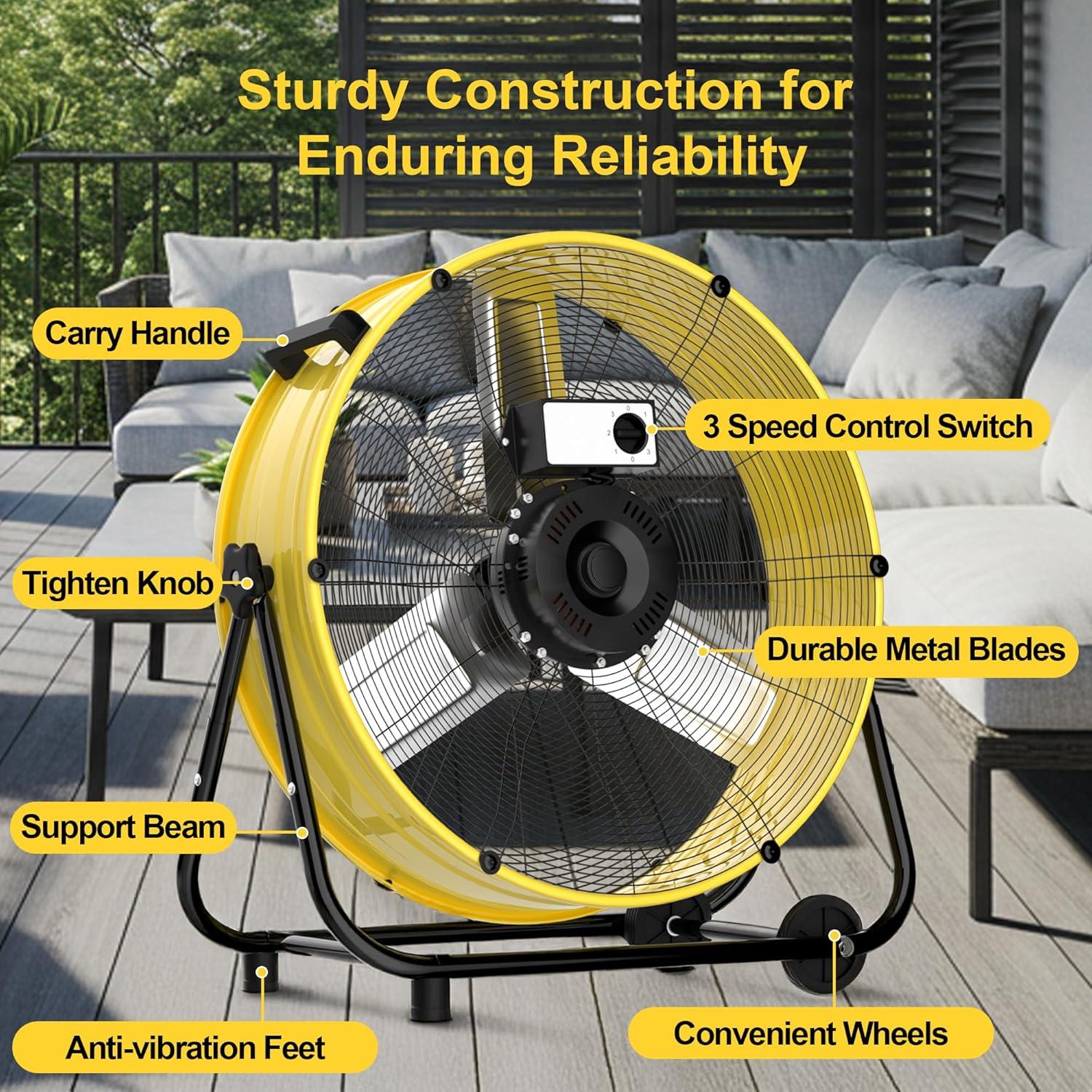 14000 CFM Heavy Duty Industrial Drum Fan, 30 Inch 550W High Velocity Floor Fan with 3 Speeds, 360° Tilt Metal Garage Fan for Warehouse, Commercial, Workshop, Factory and Basement