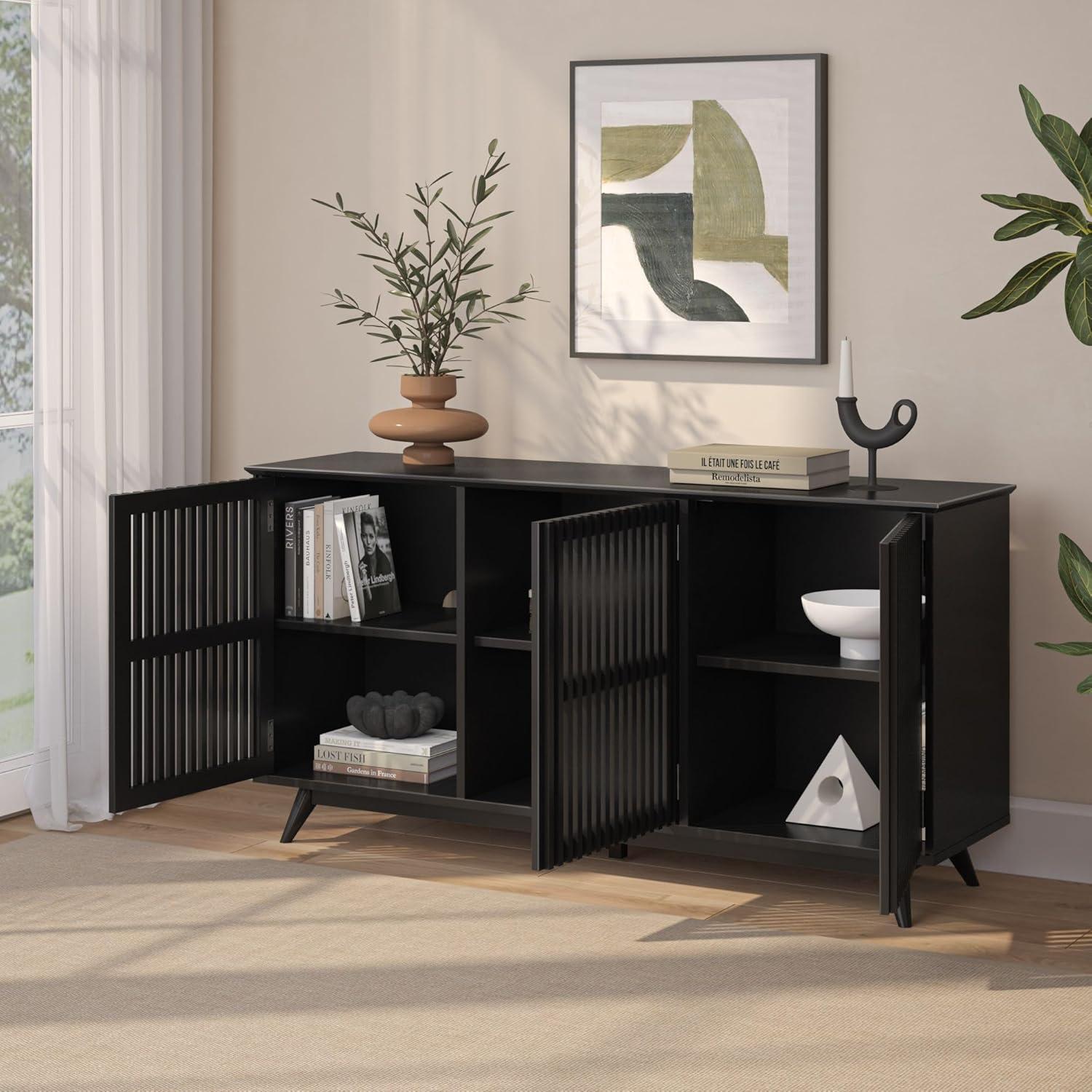 Plank+Beam Mid Century Modern Solid Wood Sideboard with 3 Doors, 59" TV Stand for Living Room, Black