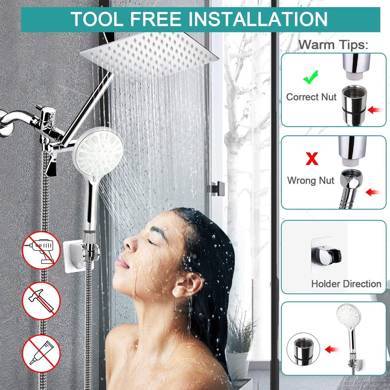 Mibote Shower Head, 8 Inch High Pressure Rainfall Shower Head/Handheld Shower Combo with 11 Inch Extension Arm, 9 Settings Adjustable Anti-leak Shower Head with Holder/Hose, Height/Angle Adjustable