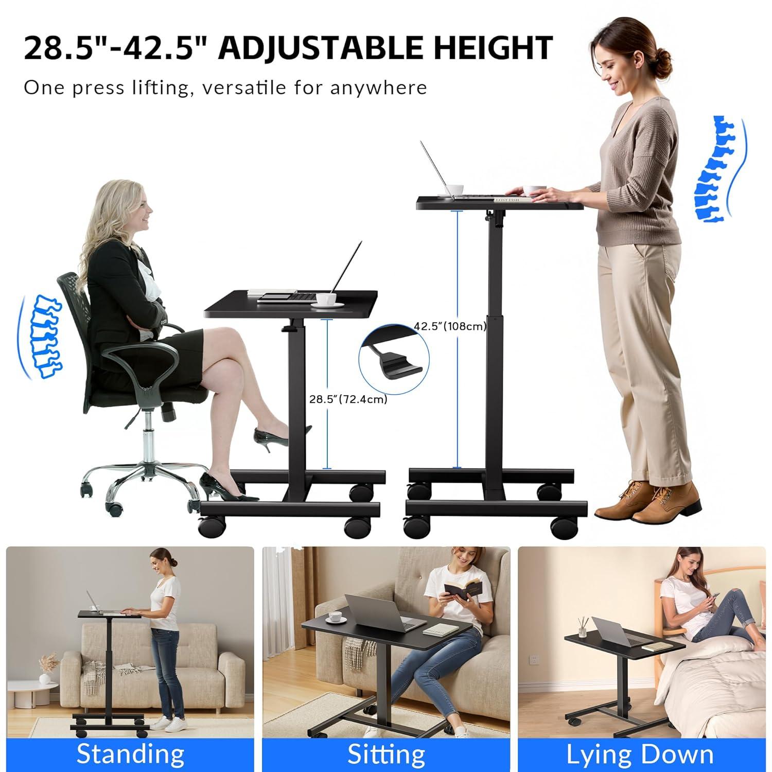 Mobile Laptop Standing Desk Adjustable Height, Small Mobile Desk Workstation with Wheels, Portable Rolling Computer Desk Cart for Home Office Classroom (Black)