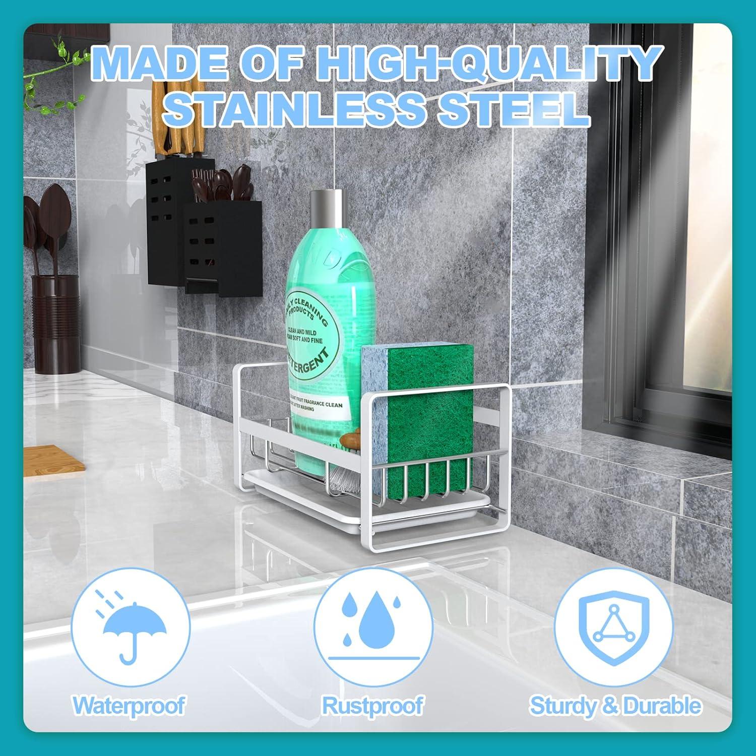 VANTEN Kitchen Sink Caddy - Silver Sink Organizer, Sponge/Soap Dish Dispenser with Brush Holder, Adhesive/Countertop Mount