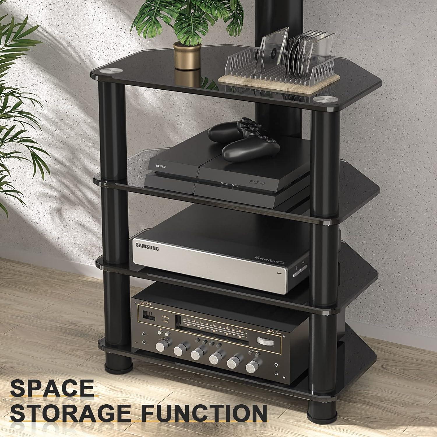 4-Tiers Media Component TV Stand with Swivel Mount Audio Shelf and Height Adjustable Bracket, Black Floor TV Stand for 32-70 Inch LCD LED OLED Flat/Curved Screen TVs