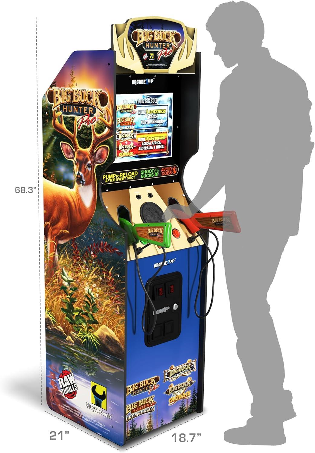 Arcade1Up Máquina Arcade Big Hunter Pro Deluxe, Gabinete Vertical de 5 Pies, 4 Juegos, Pantalla de 17 Pulgadas, Rifle de Acción con 2 Bombas Ligeras Incluido