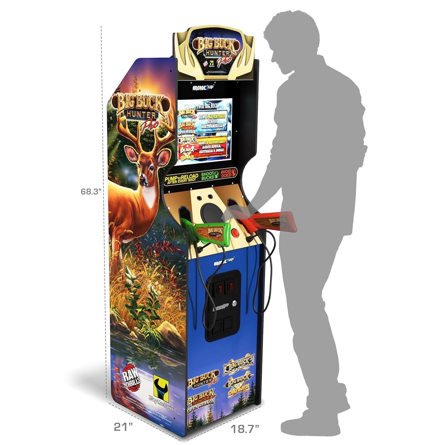 Arcade1Up Máquina Arcade Big Hunter Pro Deluxe, Gabinete Vertical de 5 Pies, 4 Juegos, Pantalla de 17 Pulgadas, Rifle de Acción con 2 Bombas Ligeras Incluido
