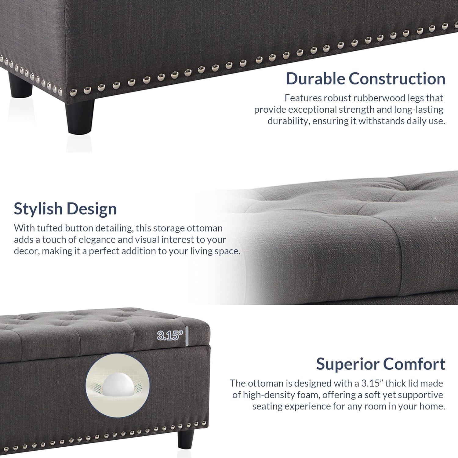 BELLEZE Button-Tufted Linen Storage Ottoman Bench - Brentwood (Dark Gray)