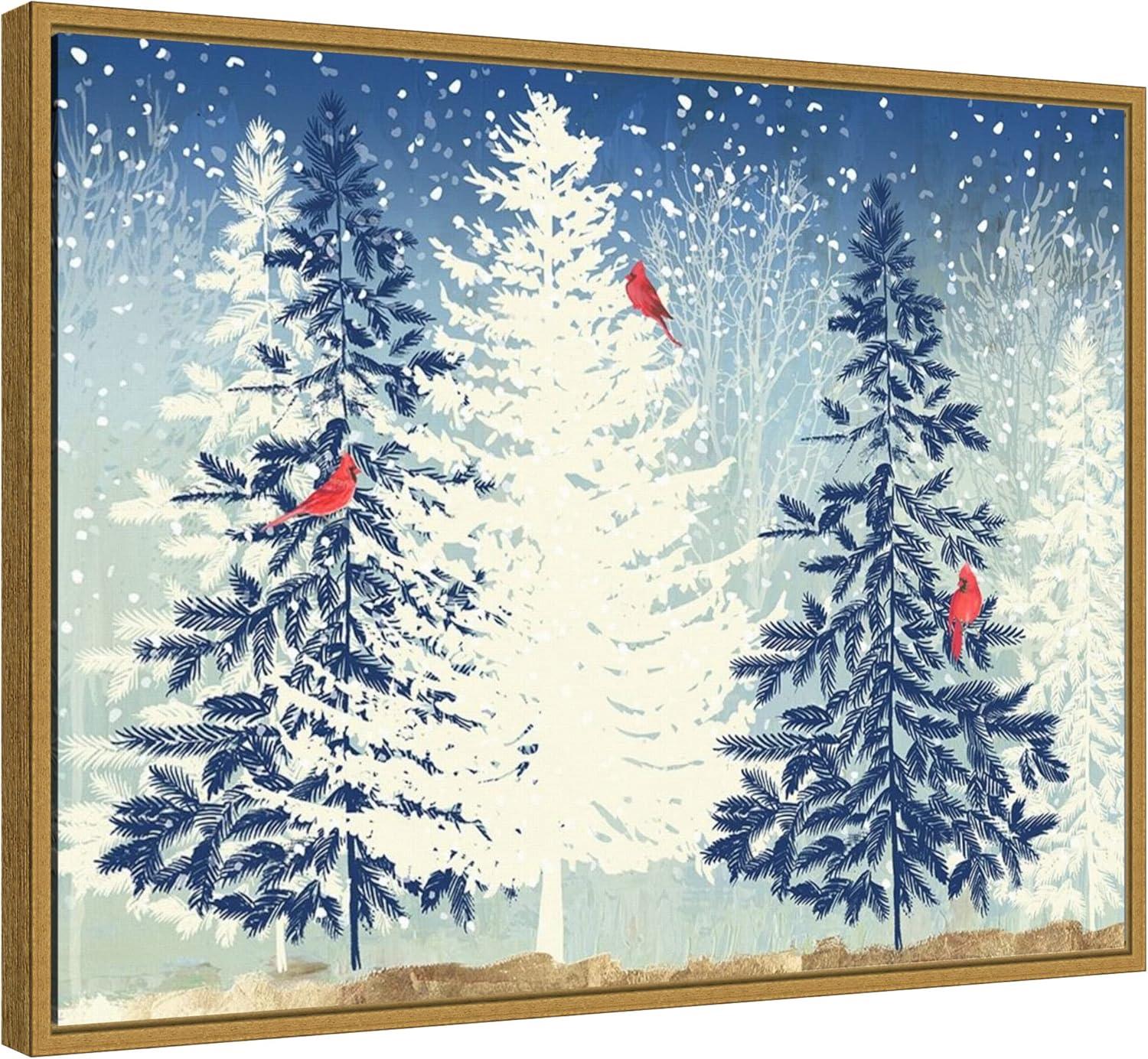 Snowy Christmas Trees Canvas Print with Gold Frame