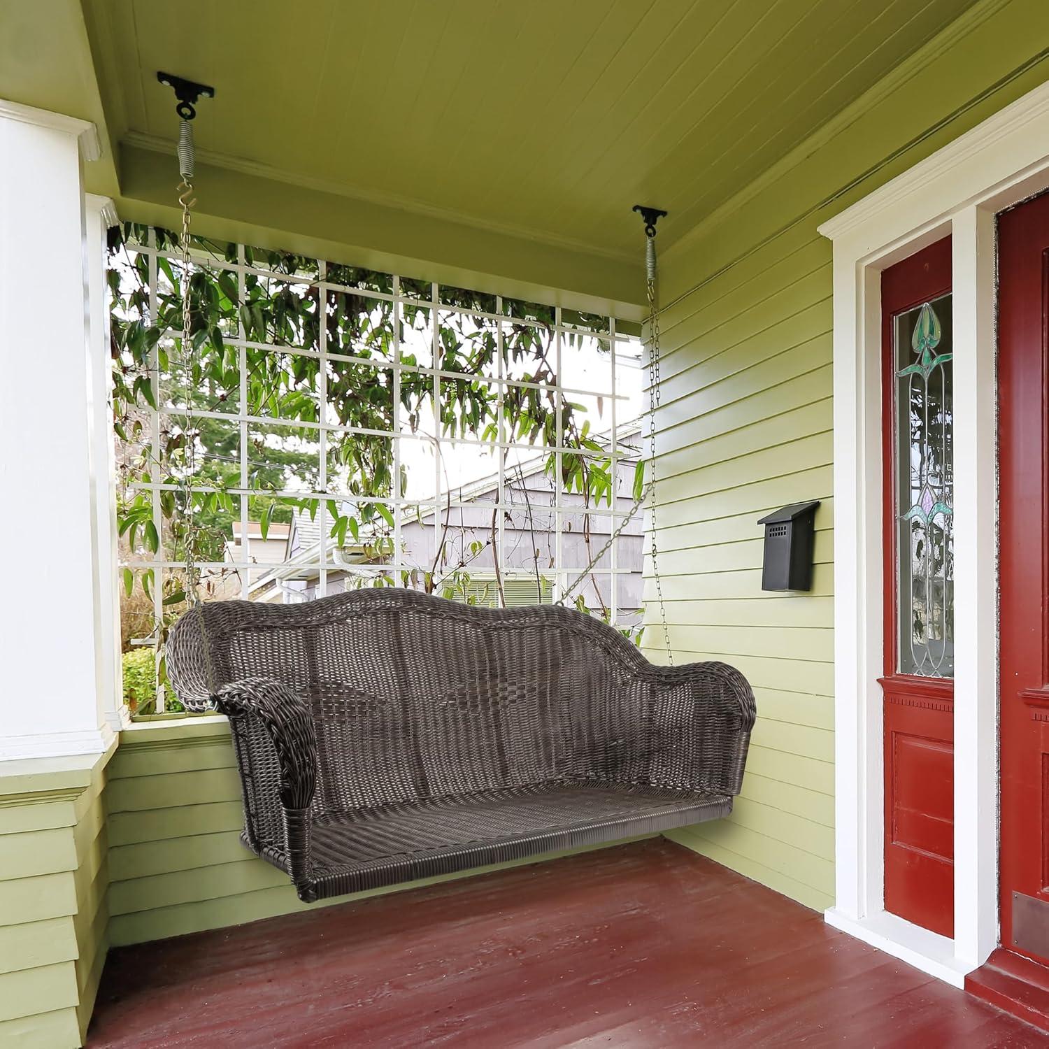 Chocolate Brown Hand-Woven Resin Wicker Porch Swing with Chain