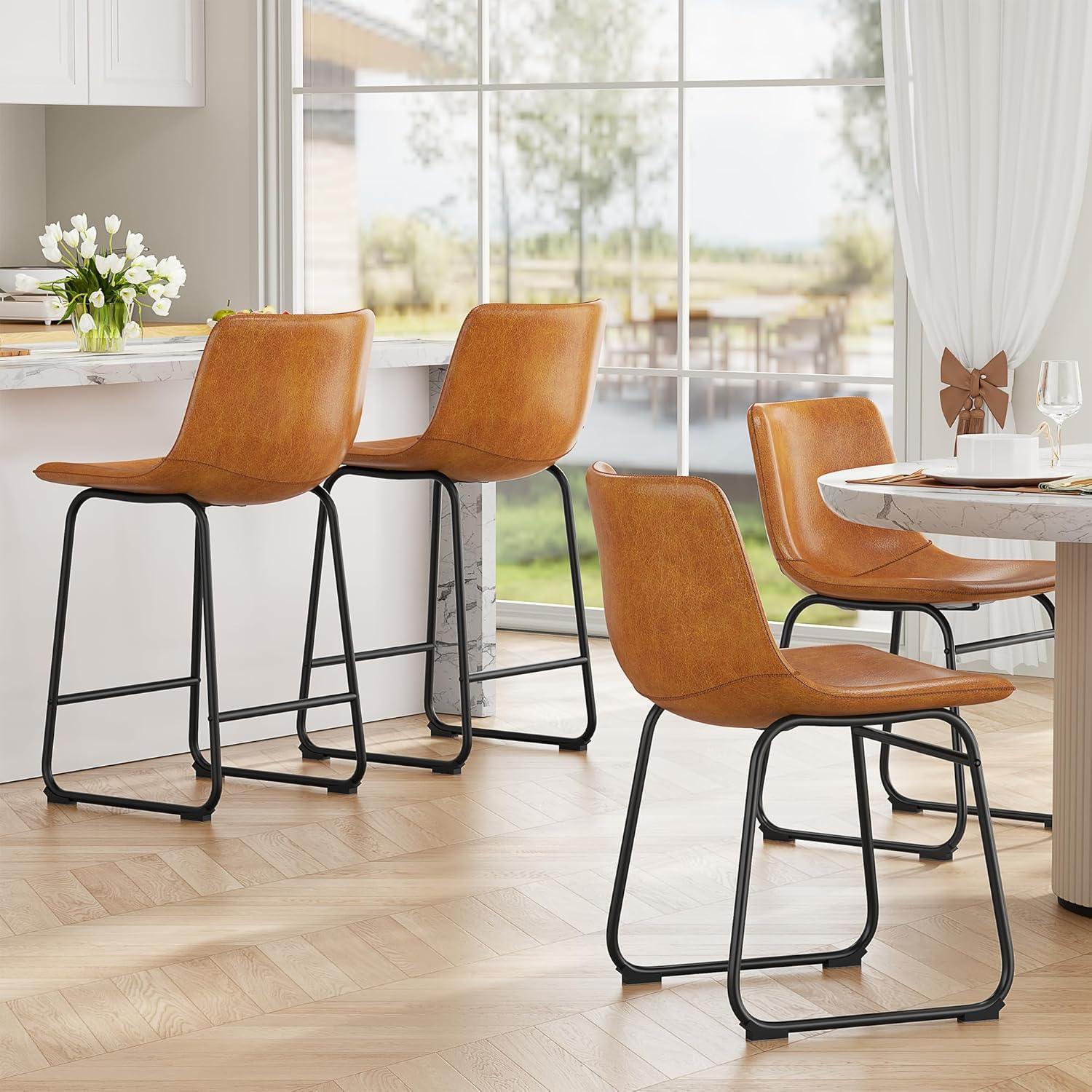 WM 26 inch Counter Height Bar Stools Set of 4, Modern Faux Leather High Barstools with Back and Metal Leg, Bar Chairs for Indoor & Outdoor, Brown