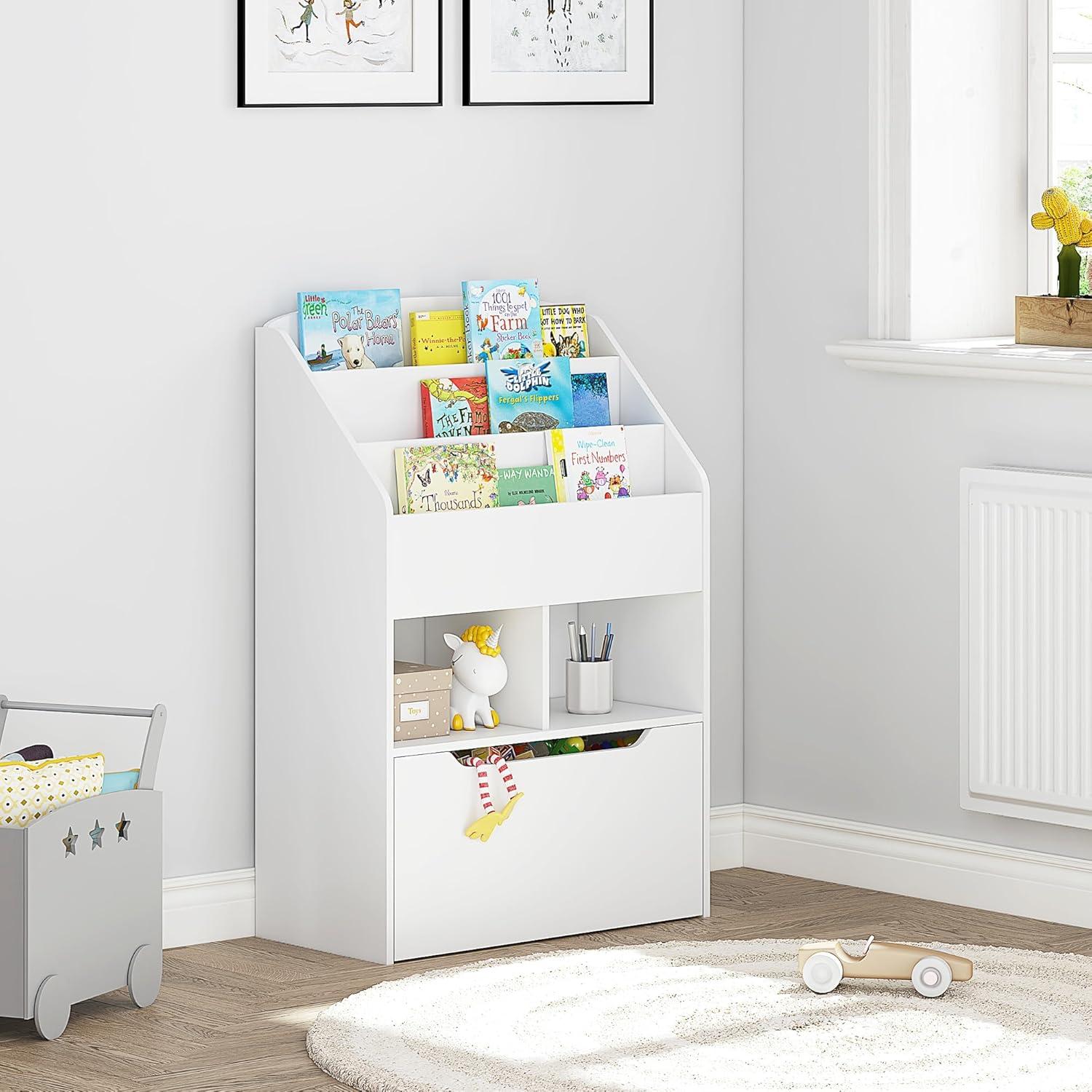UTEX Kids Bookshelf Toy Organizer with Rolling Toy Box, White, 23.62” W x 11.8” D x 35.43” H
