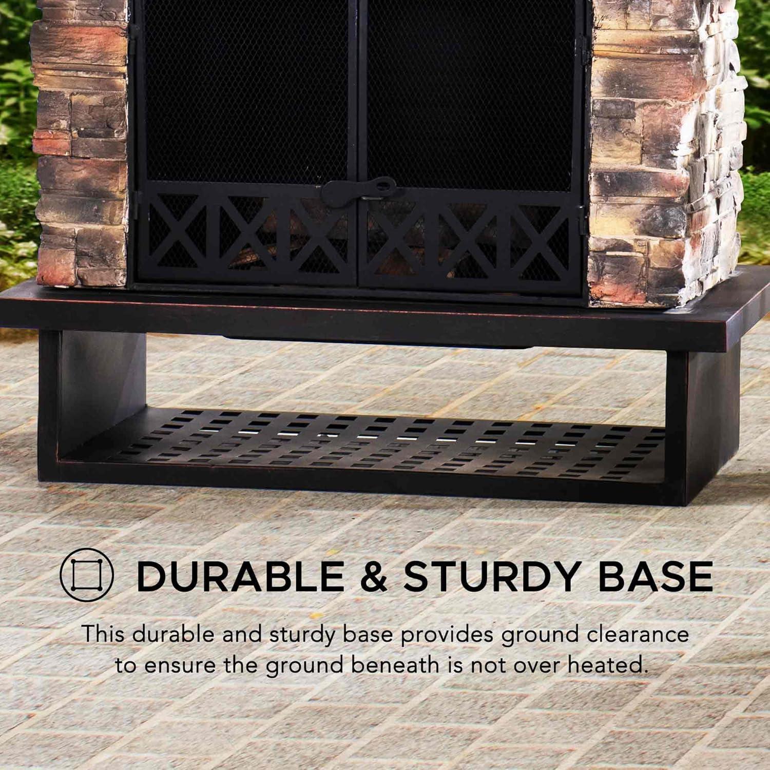 SUNJOY Outdoor 48 in. Black Steel Wood Burning Stone Fireplace with Fire Poker and Removable Grate