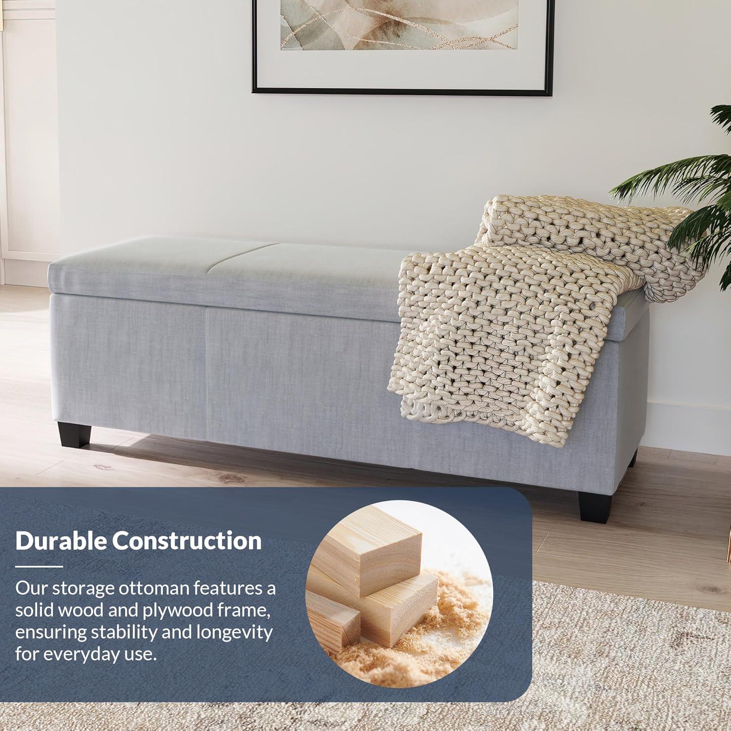 Gray Linen Storage Ottoman Bench with Rubber Wood Legs