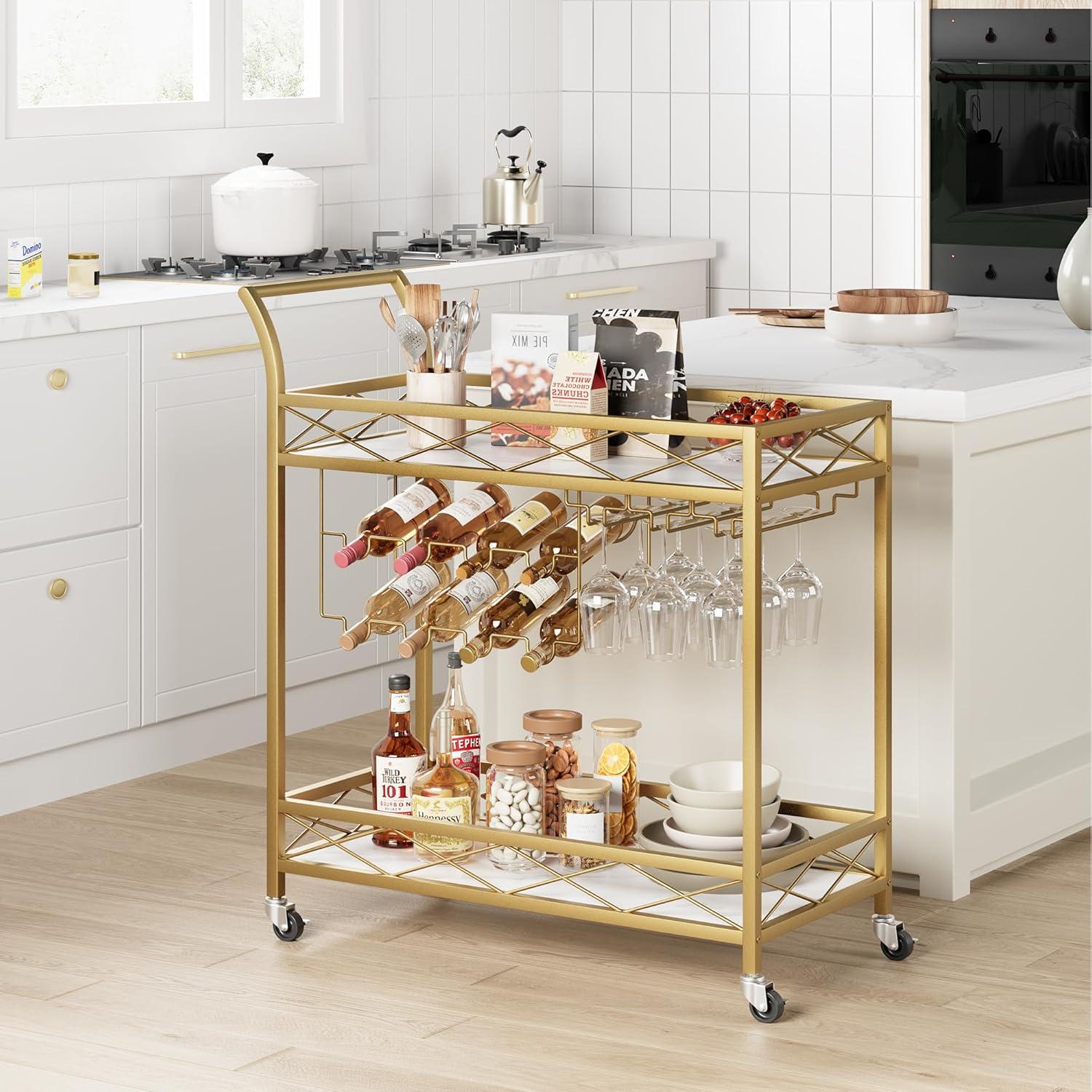 Ataucjin 2 Tier Gold Bar Cart on Wheels Serving Cart With White Marble Finish Wood Shelf Wine Rack & Glass Holder Microwave Cart Drink Cart Rolling Beverage Cart For Home Kitchen Dining Party