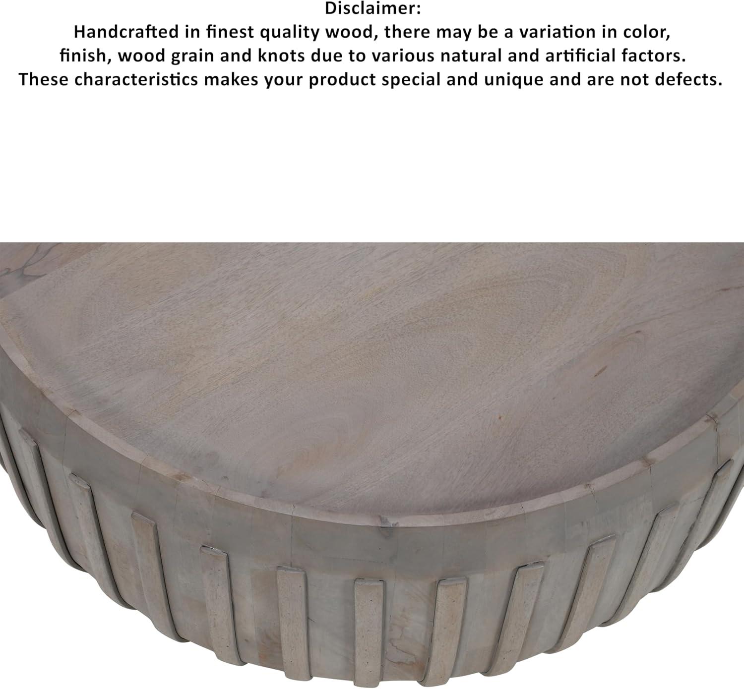 The Urban Port 36" Coffee Table Handcrafted Drum Shape with Ribbed Edges Gray Mango Wood Gray