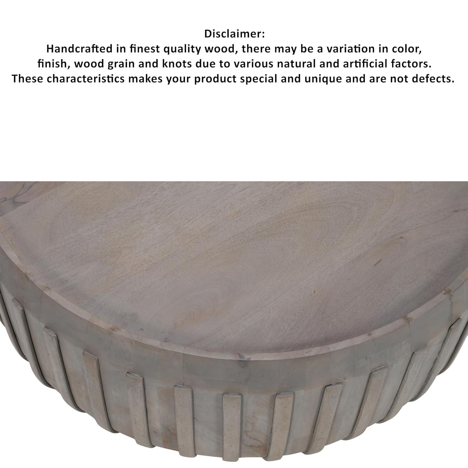 The Urban Port 36" Coffee Table Handcrafted Drum Shape with Ribbed Edges Gray Mango Wood Gray