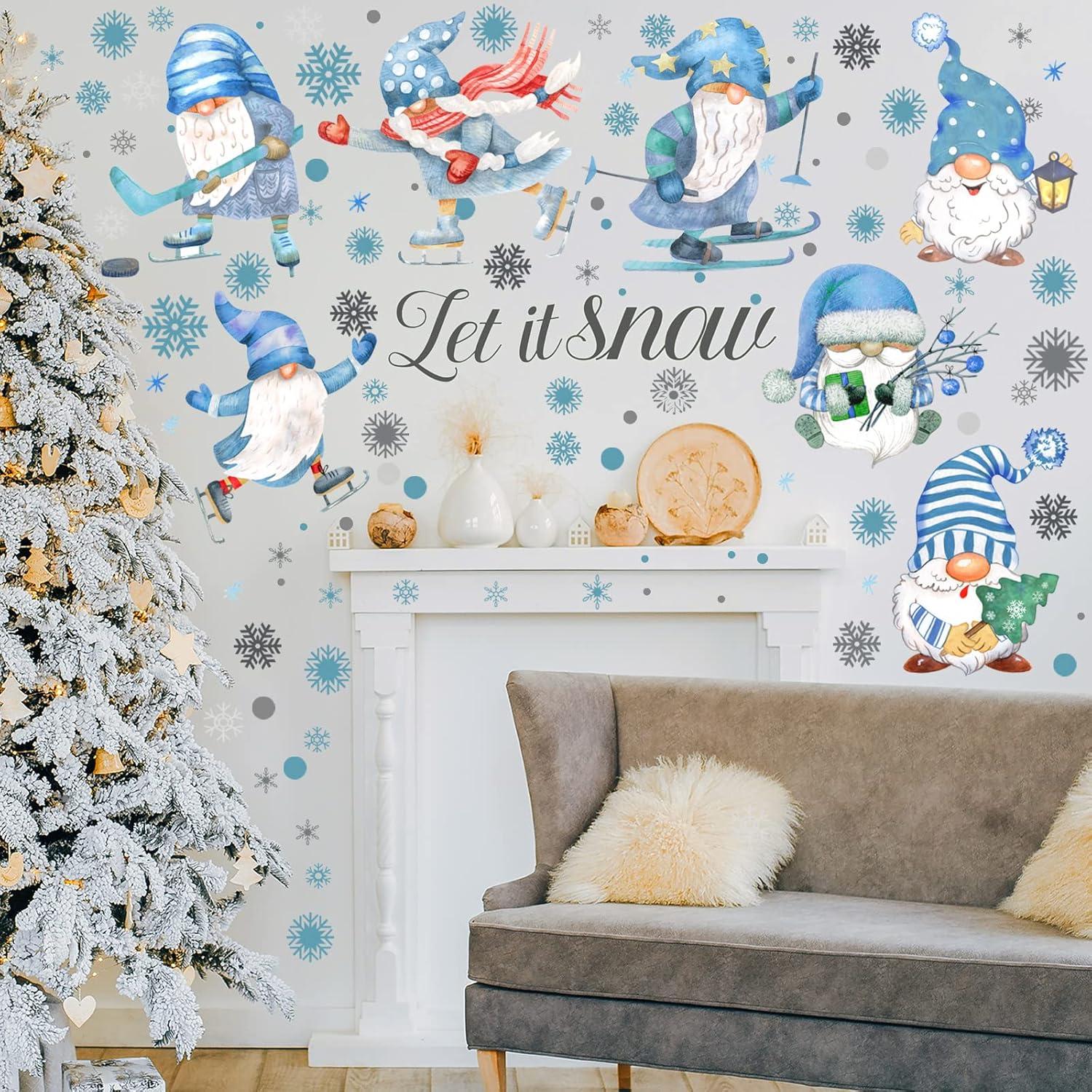 135 Pcs Snowy Winter Gnome Snowflake Wall Decals Christmas Wall Decals Snowflakes Wall Decal Silver And Blue Theme Christmas Snowflake Wall Stickers For Kid Bedroom Home Kitchen Decor Gift(Snow Style)