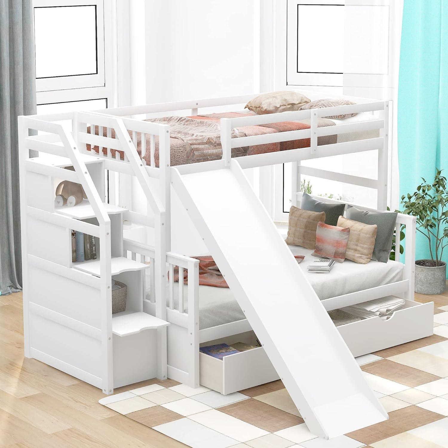 Twin Over Full Bunk Bed with Stairs and Slide, Solid Wood Bunk Bed Frame with Storage Drawers for Kids Girls Boys (White)