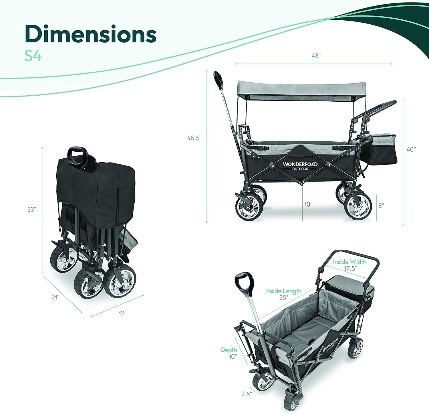 WonderFold Outdoor Wonderfold S4 Push & Pull Folding Wagon With Canopy & Brakes - Black