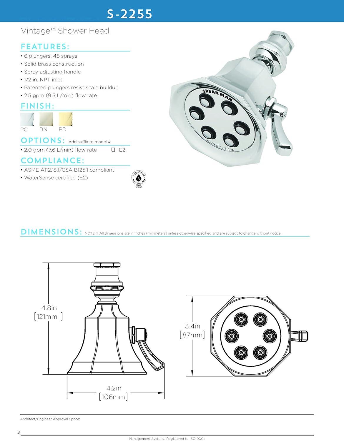 Speakman Polished Chrome Wall Mounted Multi-Function Shower Head