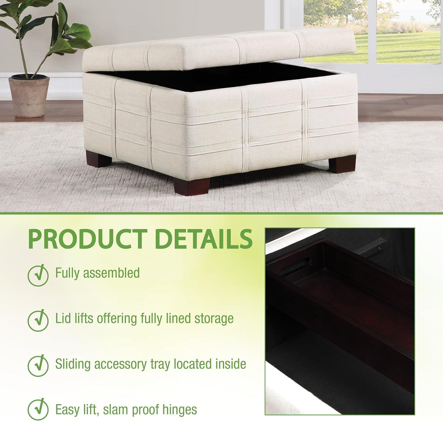 Detour Strap Square Storage Ottoman in Linen White Fabric