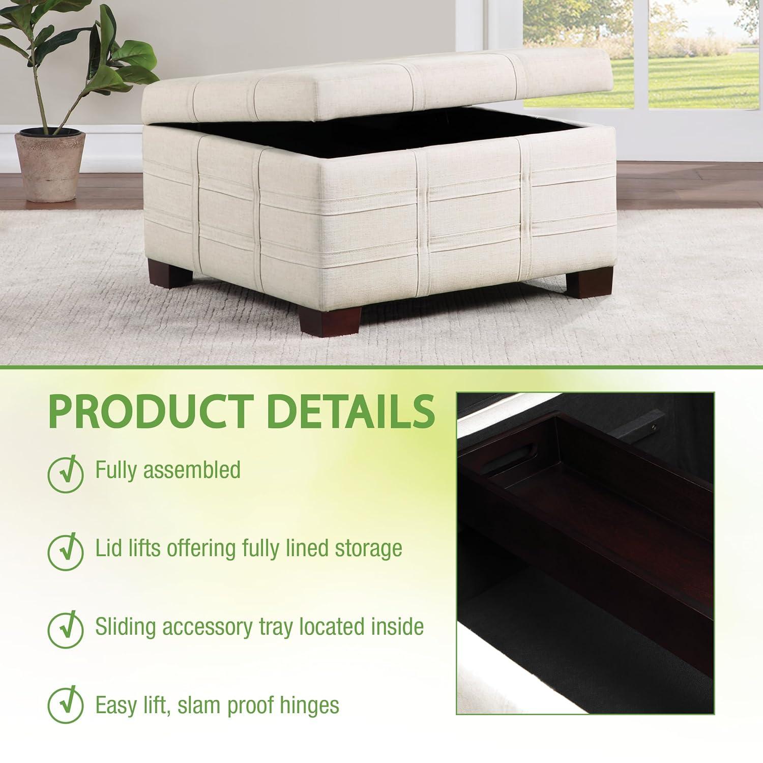 Detour Strap Square Storage Ottoman in Linen White Fabric