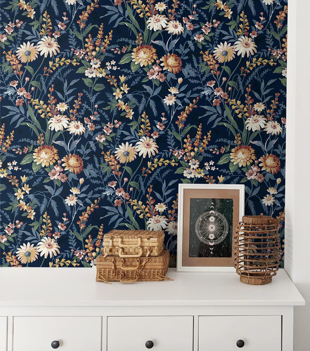 NextWall  Vintage Floral Peel and Stick Wallpaper 20.5 in. W x 18 ft. L - Navy Blue