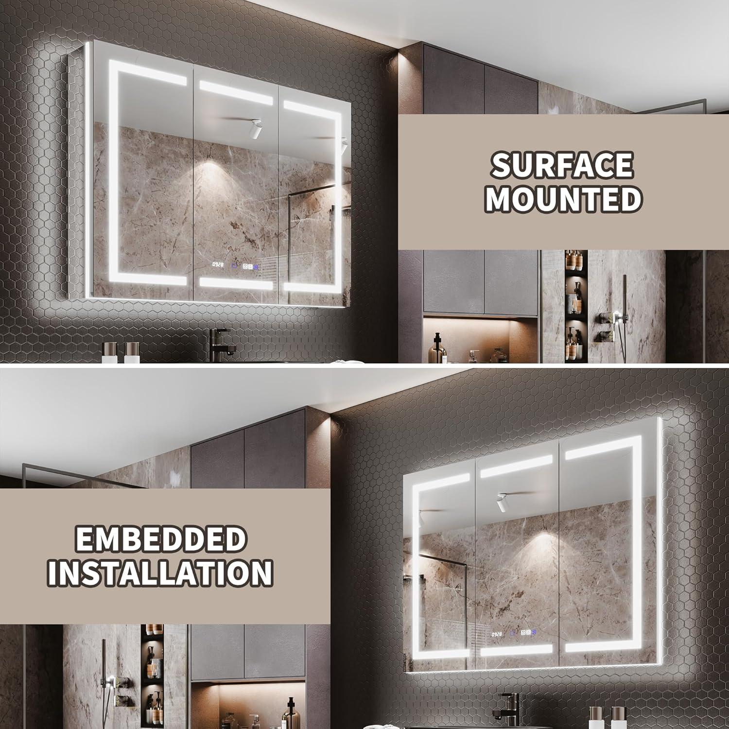 MEDUNJESS MEDUNJESS 72''x36'' Surface or Recessed Mount LED Medicine Cabinet with Mirror and Defogger 3 doors Medicine Cabinet