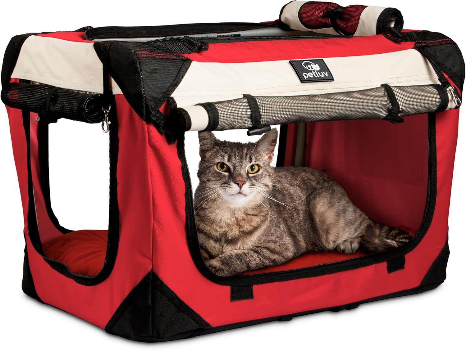 PetLuv Cat & Dog Carrier Foldable Pet Travel Crate, Removable Plush Pillow, Privacy Windows, Locking Zippers, Pocket, Seatbelt Straps, Medium Red