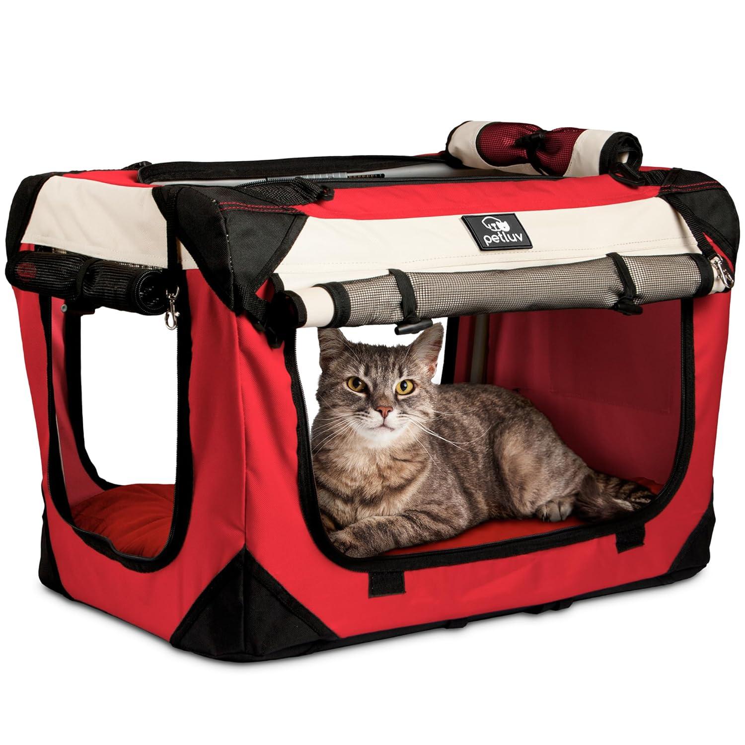 PetLuv Cat & Dog Carrier Foldable Pet Travel Crate, Removable Plush Pillow, Privacy Windows, Locking Zippers, Pocket, Seatbelt Straps, Medium Red