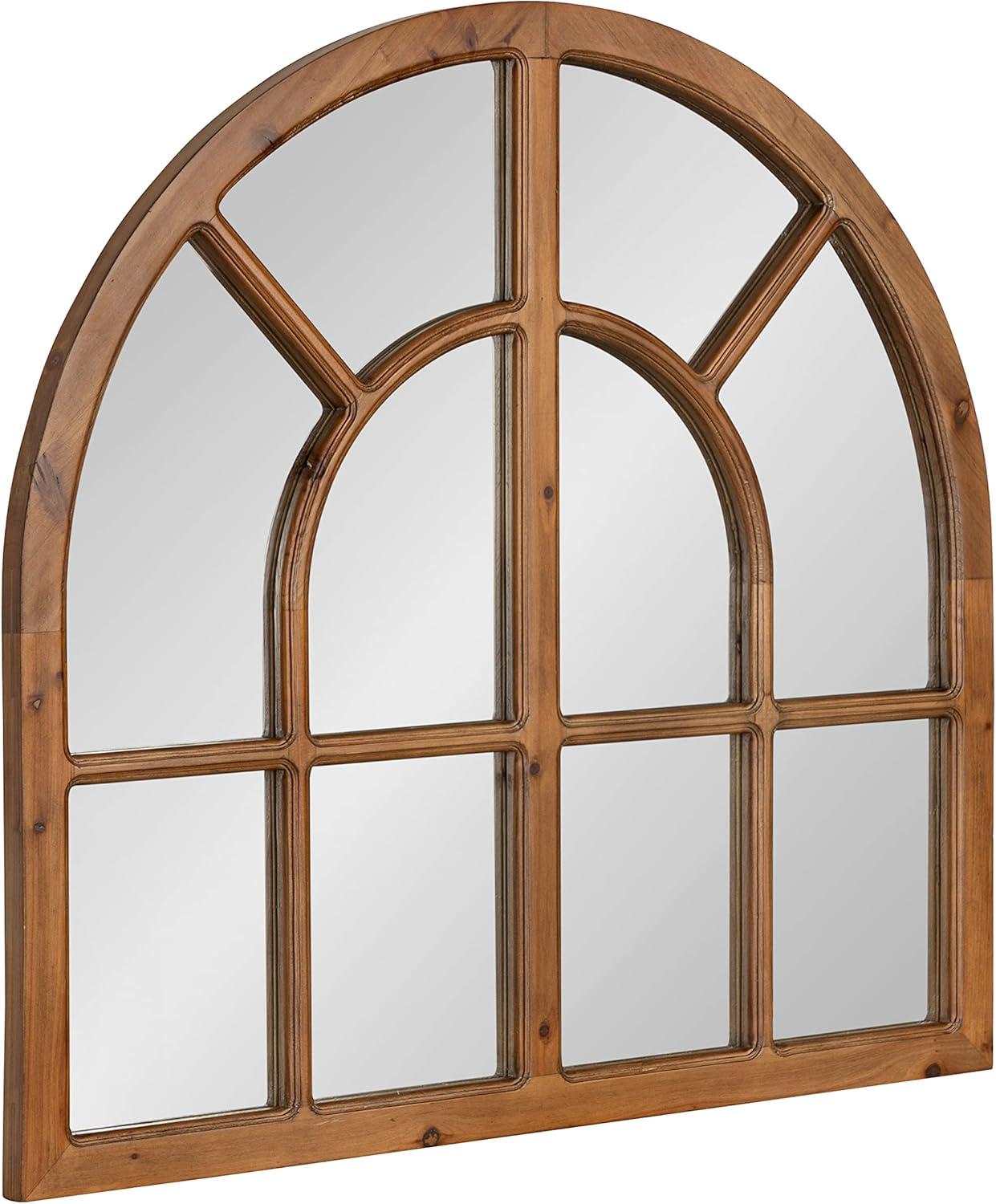 Rustic Brown Wood Arched Windowpane Wall Mirror