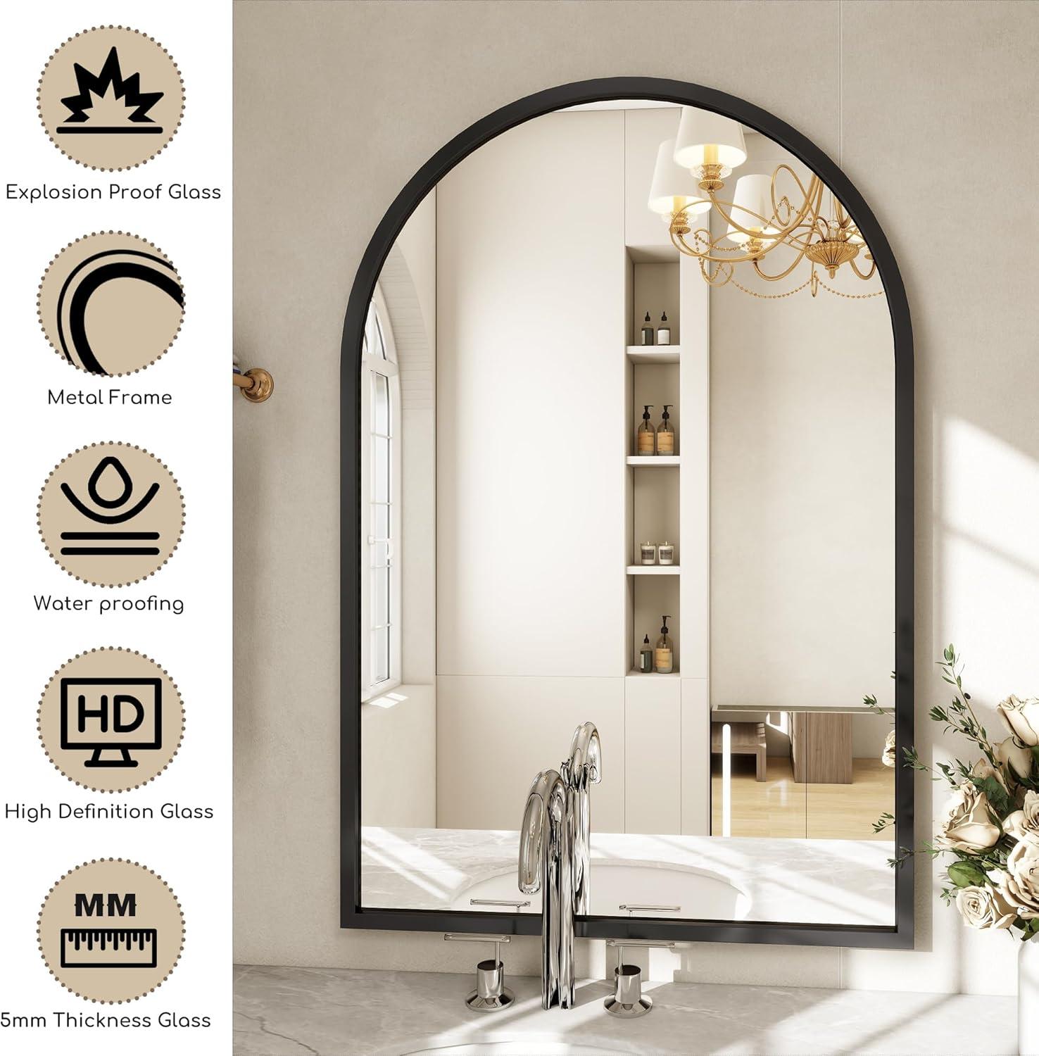 Black Aluminum Framed Arched Wall Mirror, 20x30 Inch