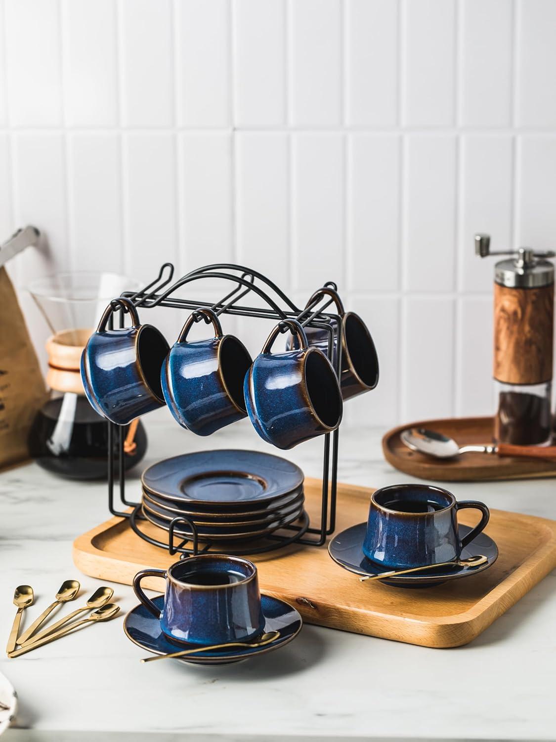 QXXSJ Coffee Cup Set Espresso Cups With Saucers Set With Cup Holder 4 Oz Espresso Cup Set Of 6 - Demitasse Cups Black (Set of 6)
