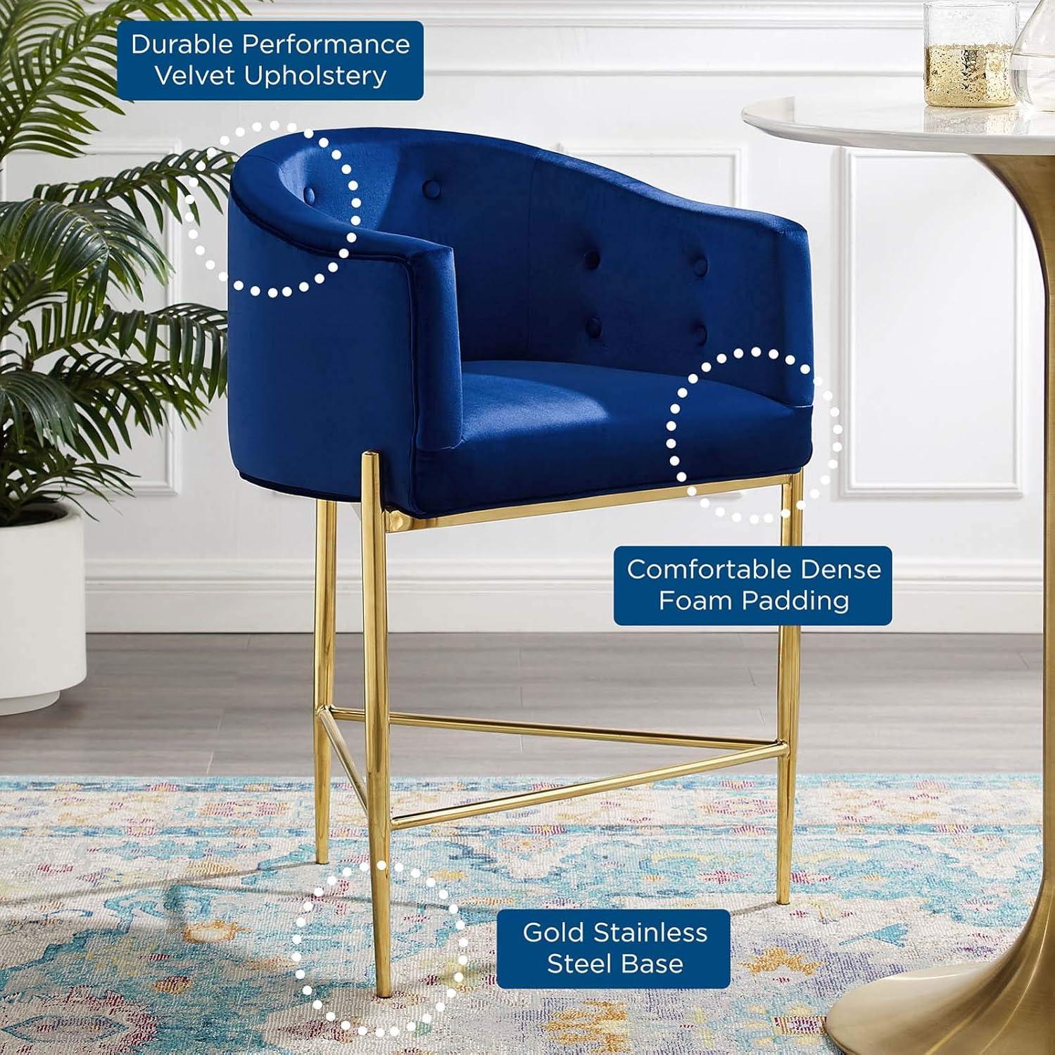 Navy Velvet and Gold Metal 23.5'' Tufted Counter Stool