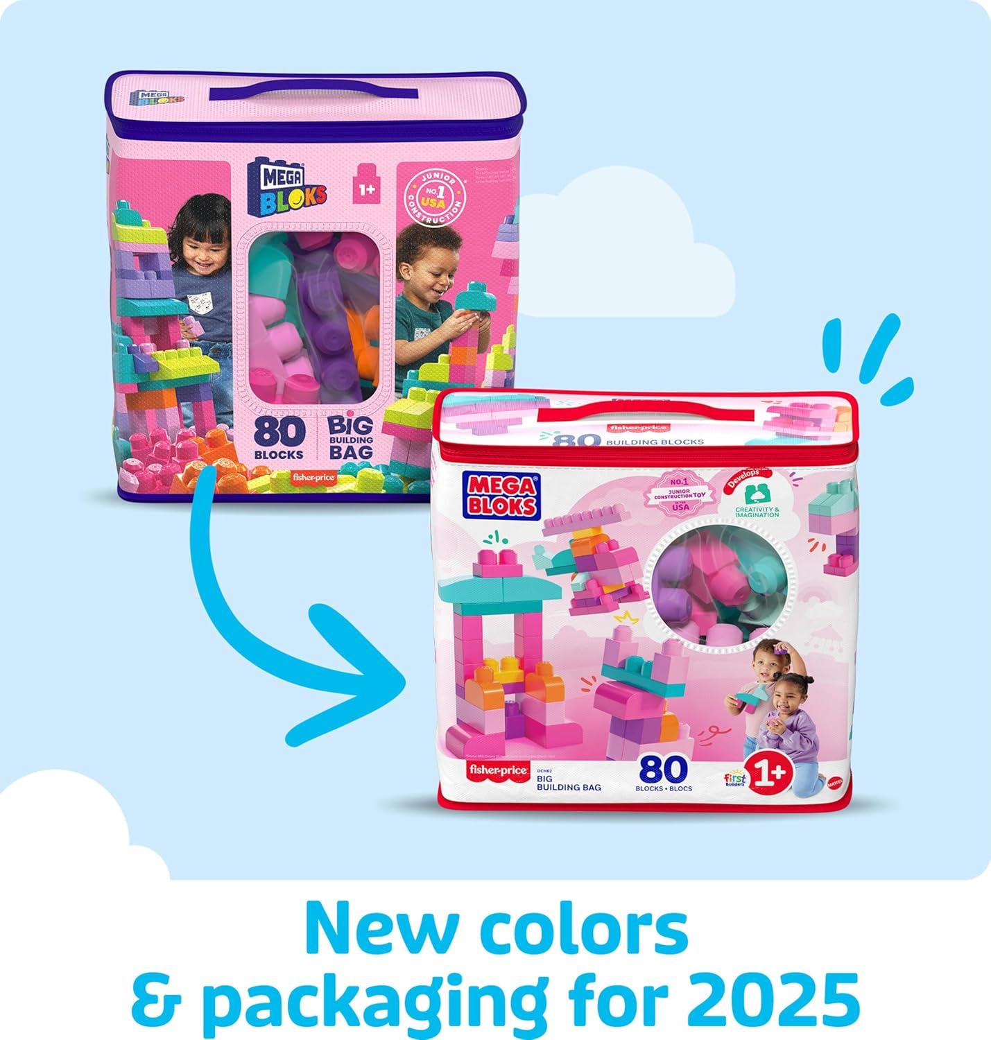 MEGA BLOKS Fisher-Price Toy Blocks Big Building Bag with Storage (80 Pieces) for Toddler, Pink